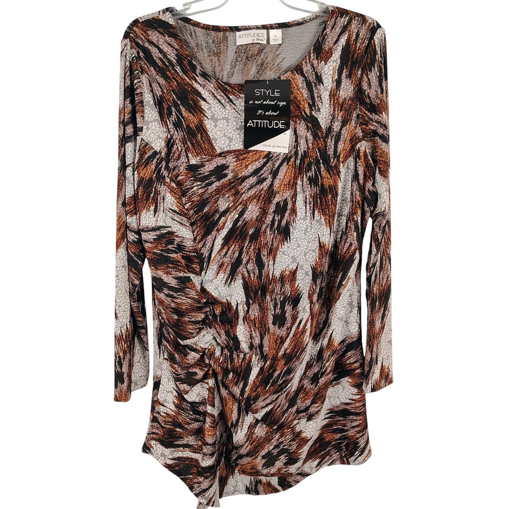 NWT Attitudes by Renee Womens 1X Tunic Top Multicolor Abstract Draped Boho Chic